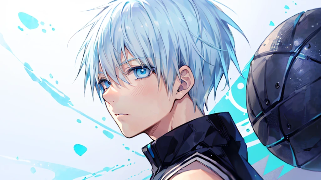 ((highest quality, super detailed,detailed eyes:1.3)),(((total 1 boy:1.2))),cool face,light blue hair,short,hair,light blue eyes,kuroko tetsuya,(black and White basketball uniform:1.2),(aqua blue aura background:1.1),(from side,portrait,face focus,looking at viewer:1.1)