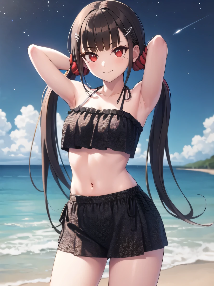 masterpiece, best quality, ultra-high-detailed, Harumaki, red eyes, brown hair, low twintails, red scrunchie, mole under eye, blunt bangs, hairclip,  bikini, beach, closed mouth, solo, (cowboy shot:1.5), night sky, beach, arms behind head, contrapposto, spread armpits, looking at viewer, best quality, smile,