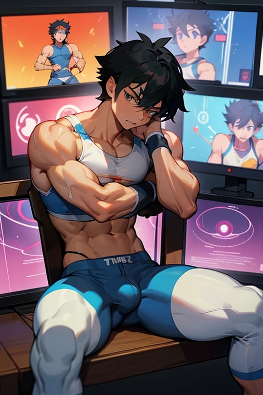Ash Ketchum from Pokémon sitting on a weight bench with shoulders slumped. Sweating. Wearing a bulging jockstrap. Staring blankly as he listens to hypnotic subliminals through headphones. Monitors mounted on the walls around him display pulsing spirals to keep him in trance as he becomes a big dumb bodybuilder football jock. Open mouth. IQ drain. Dumber. Hypnosis. Trance. Brainwashing. Digital painting. Anime. Bulging crotch. Big muscles. Big traps. Big biceps. Big triceps. Broad shoulders. Big pecs. Bro.