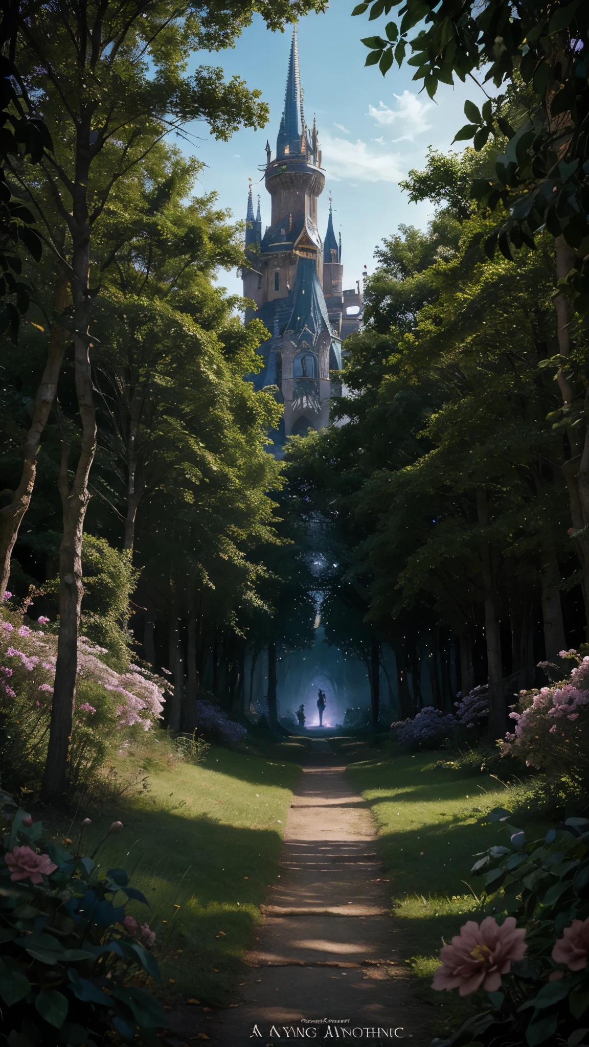 Fantasy Book Cover Art:
"An enchanting fantasy book cover showing a mystical forest with glowing flowers, a hidden castle in the distance, and a magical creature peeking through the trees."