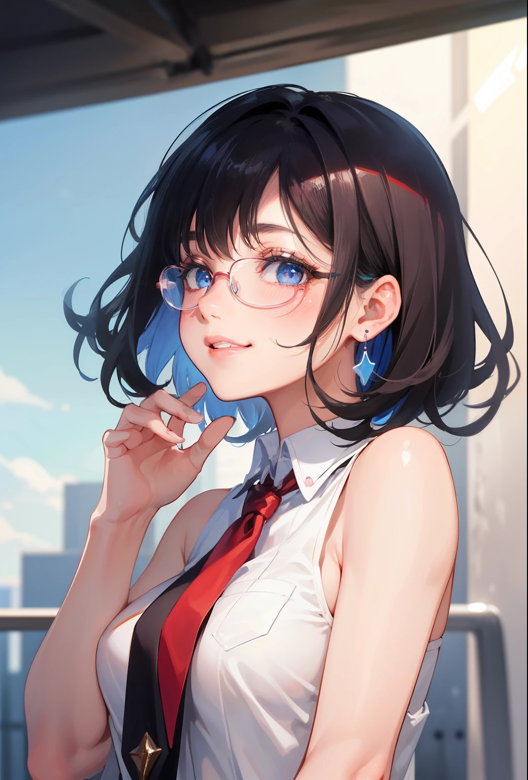 1girl, masterpiece, best quality, ultra detail, short straight black hair, pink lips, blue eyes, red cheek, looking at viewer, young, medium breasts, glasses, cute smile,