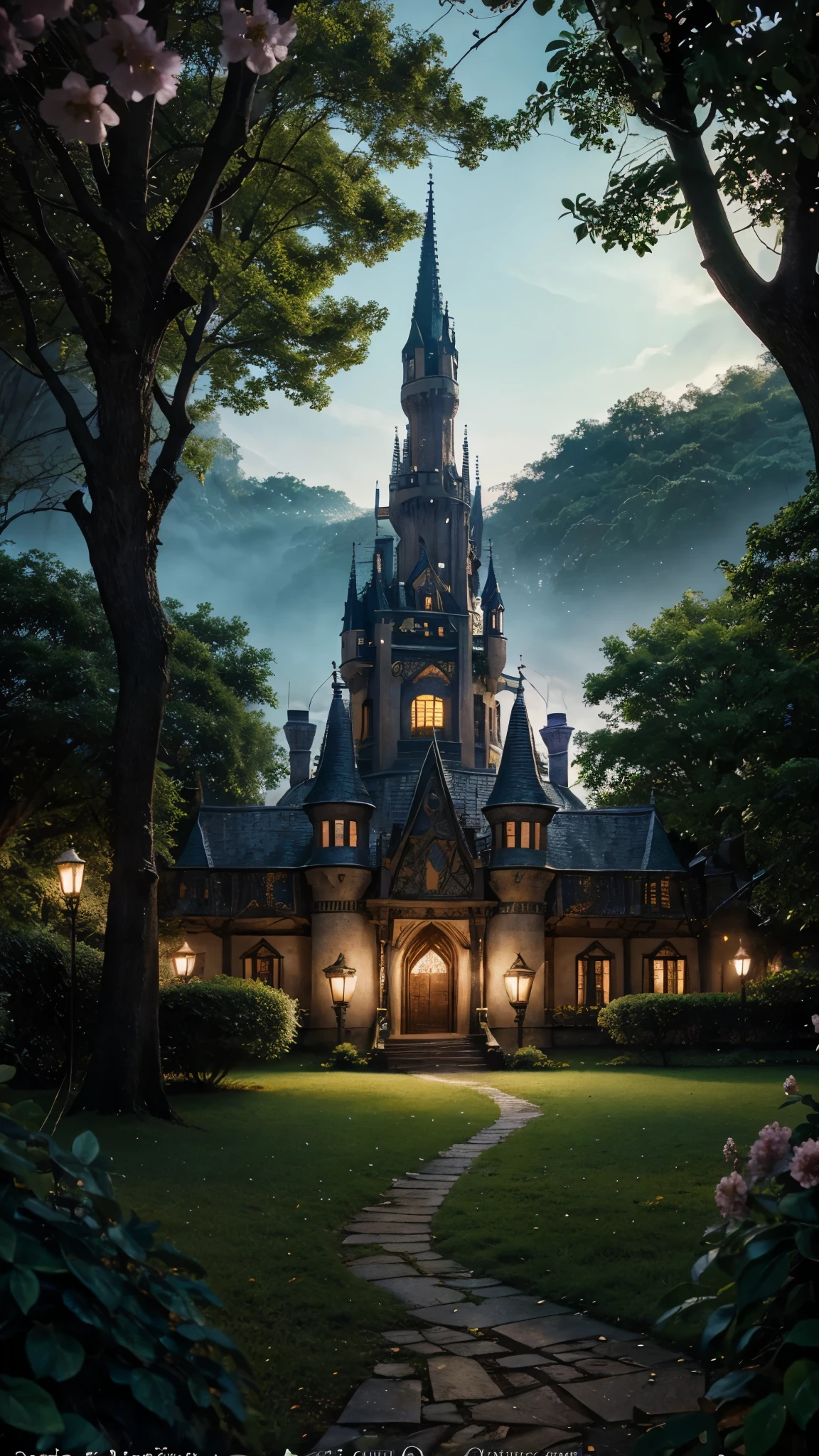 Fantasy Book Cover Art:
"An enchanting fantasy book cover showing a mystical forest with glowing flowers, a hidden castle in the distance, and a magical creature peeking through the trees."