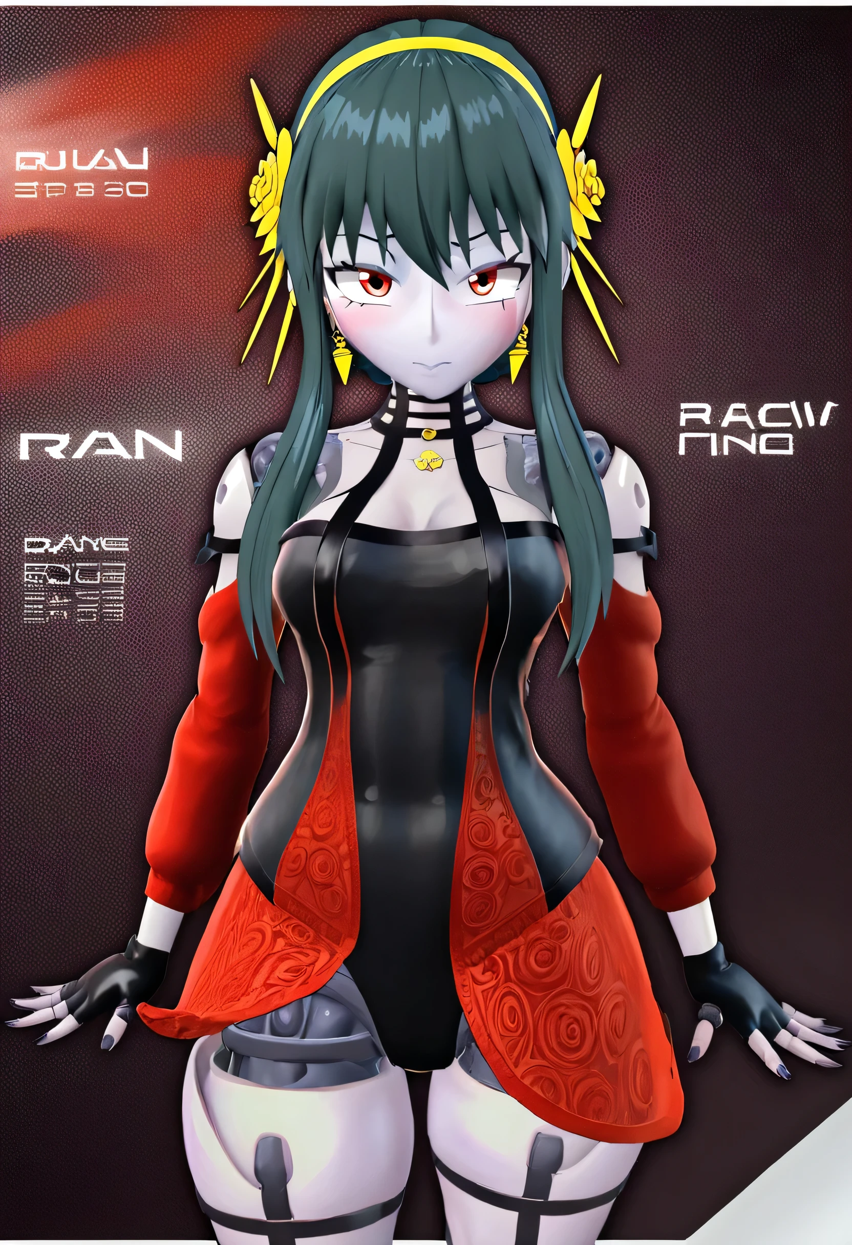 (8k, RAW photos, top quality, masterpiece: 1.2), (High Quality), ray tracing, HDR, (High Details), (Face detail), (Shadow Detail), Runa/Luna, 3d, 3d render, Vrchat model, android, 1girl, solo, yor briar cosplay,, grey skin,