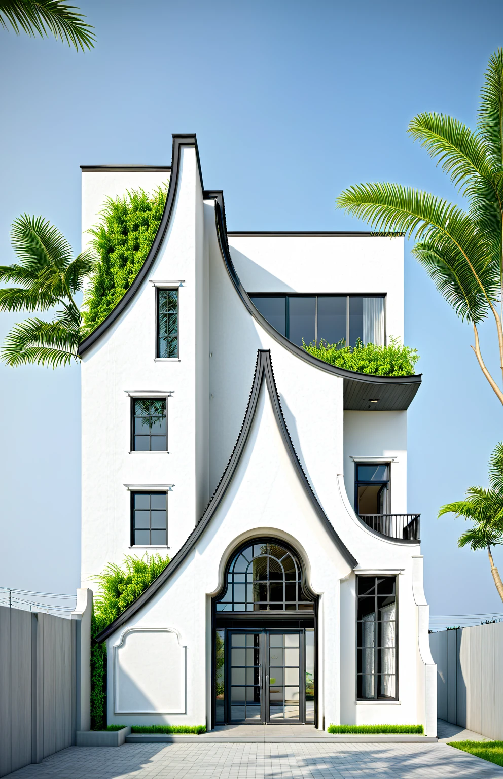 Raw photo,Masterpiece, high quality, best quality, authentic, super detail, exterior, outdoors, house style modern on the street , A modern house with a unique white grid design, green balcony plants, black iron gate, and a small front garden. The minimalist architecture harmonizes with nature, creating an airy and peaceful atmosphere. Curved door, CG rendering,(depth of field),random color matching,exterior panorama