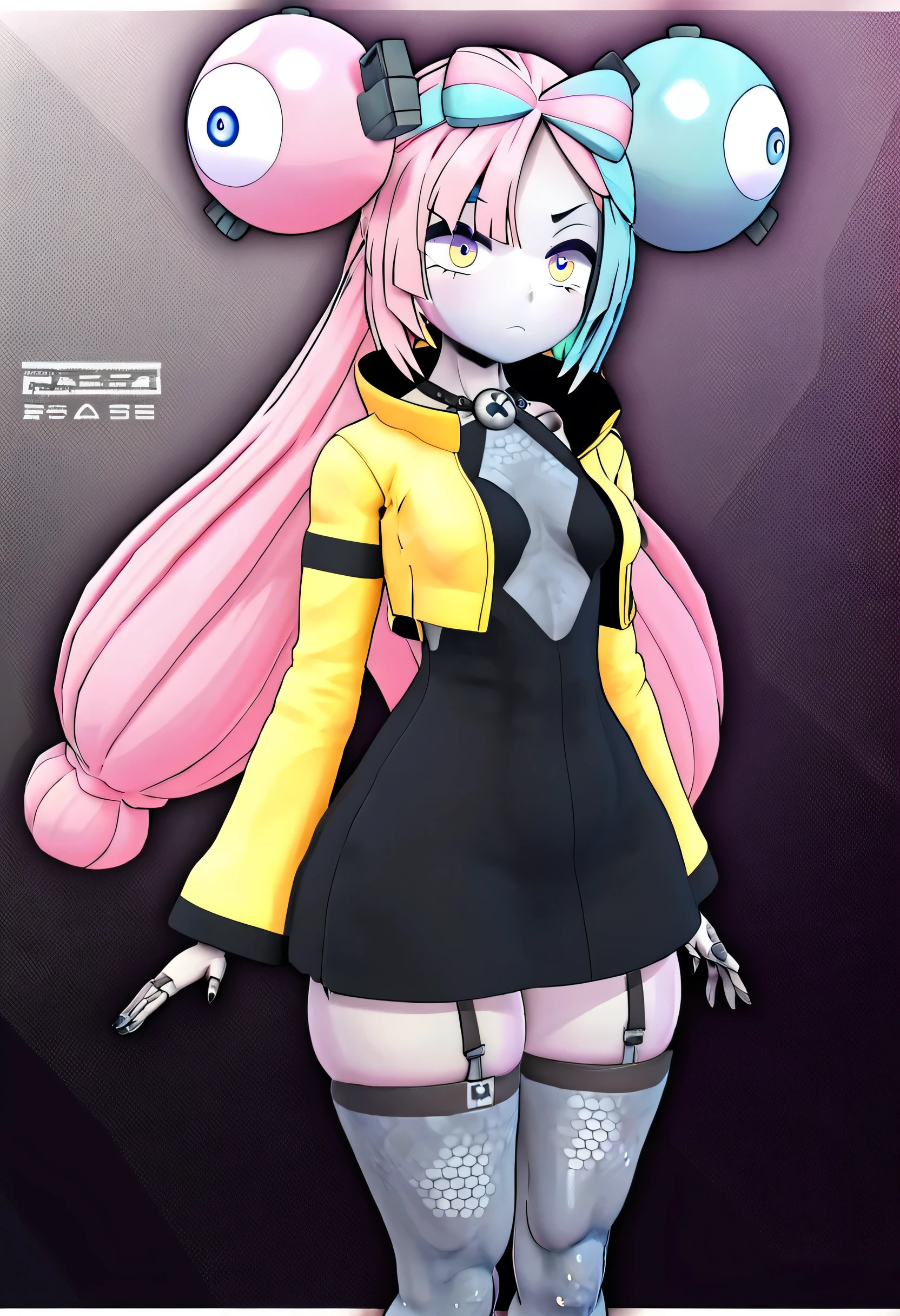 (8k, RAW photos, top quality, masterpiece: 1.2), (High Quality), ray tracing, HDR, (High Details), (Face detail), (Shadow Detail), Runa/Luna, 3d, 3d render, Vrchat model, android, 1girl, solo, Iono /(pokemon)/, multicolored hair, pink hair, blue hair, yellow jacket, thick thighs, closed mouth, open jacket, black dress, garter straps, pissed, grey skin,