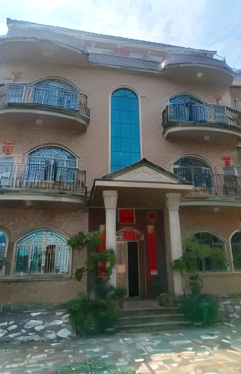 There is a building with many windows and balconies, full building, 建筑Exterior, Front view, My Home, Exterior, 2 5 6 x 2 5 6, 256x256, ruanjia, very ornamented, From the outside, Front view, Chinese Architecture, Beautiful masterpiece, Full view, Beautiful House