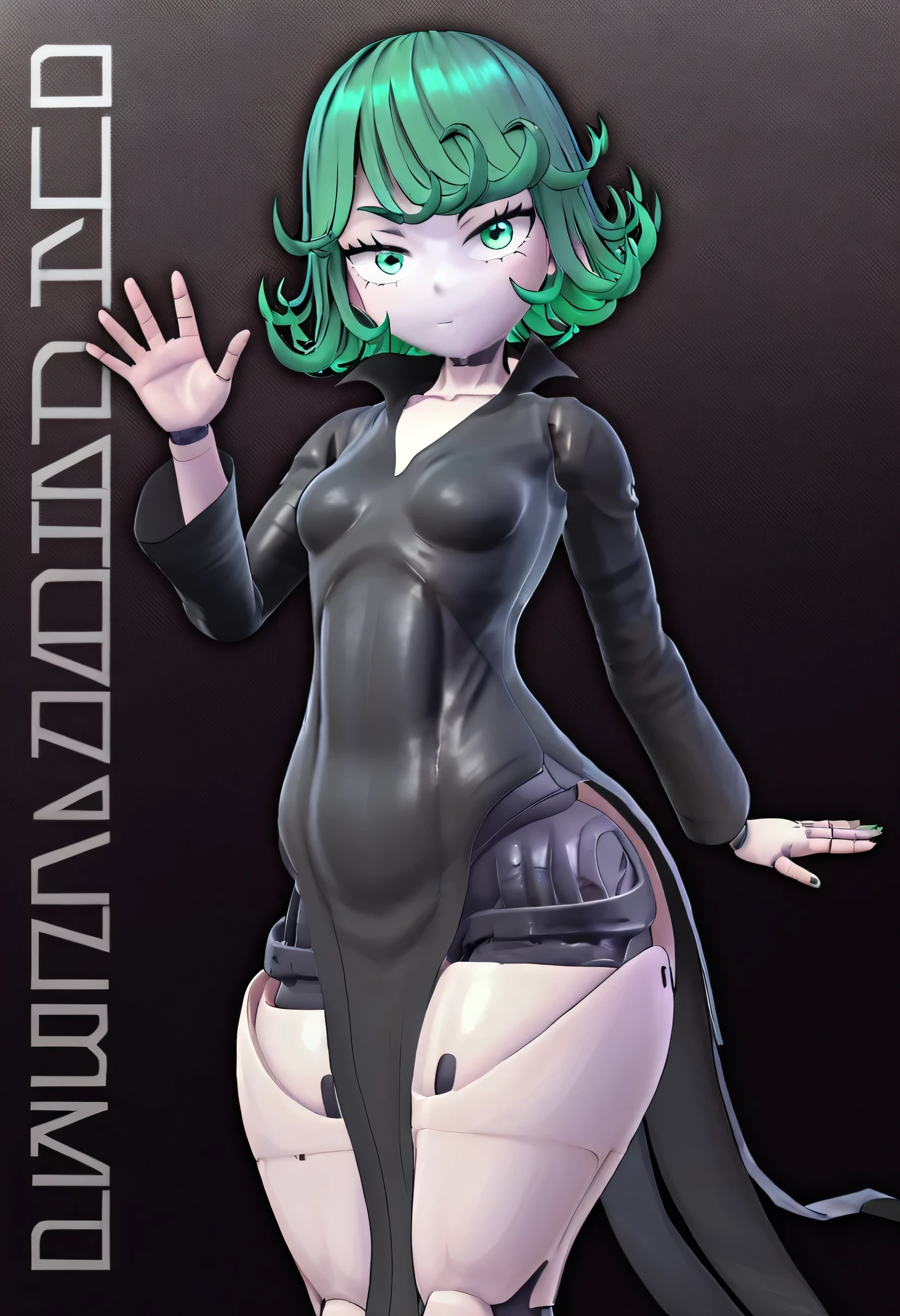 (8k, RAW photos, top quality, masterpiece: 1.2), (High Quality), ray tracing, HDR, (High Details), (Face detail), (Shadow Detail), Runa/Luna, 3d, 3d render, Vrchat model, android, 1girl, solo, Tatsumaki, short hair,  black hair, green hair streaks, waving, green eyes, beautiful eyes, woman, detailed, thick thighs, grey skin,