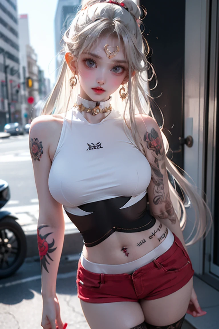 Beautiful female college student in the city，masterpiece，light makeup，Red Lip，Silver Hair，Disheveled long hair，Street Background，Grace，grace。Ultra-fine detailasterpieces，Authentic texture，Realism in film lighting，Perfect piece，8k，KHD，Delicate facial features，White skinny turtleneck top，Slim figure，Big bright eyes，Smooth skin，ear discharge，Choker Necklace,(((He has many tattoos all over his body)), (((Tight waist))), ((Big Breasts)),((See-through))，panties，Berry Shorts