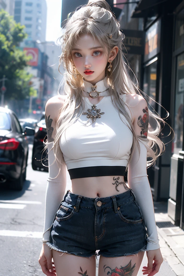 Beautiful female college student in the city,masterpiece,light makeup,Red Lip,Silver Hair,Disheveled long hair,Street Background,Grace,grace。Ultra-fine detailasterpieces,Authentic texture,Realism in film lighting,Perfect piece,8k,KHD,Delicate facial features,White skinny turtleneck top,Slim figure,Big bright eyes,Smooth skin,ear discharge,Choker Necklace,(((He has many tattoos all over his body)), (((Tight waist))), ((Big Breasts)),((See-through)),panties,Berry Shorts
