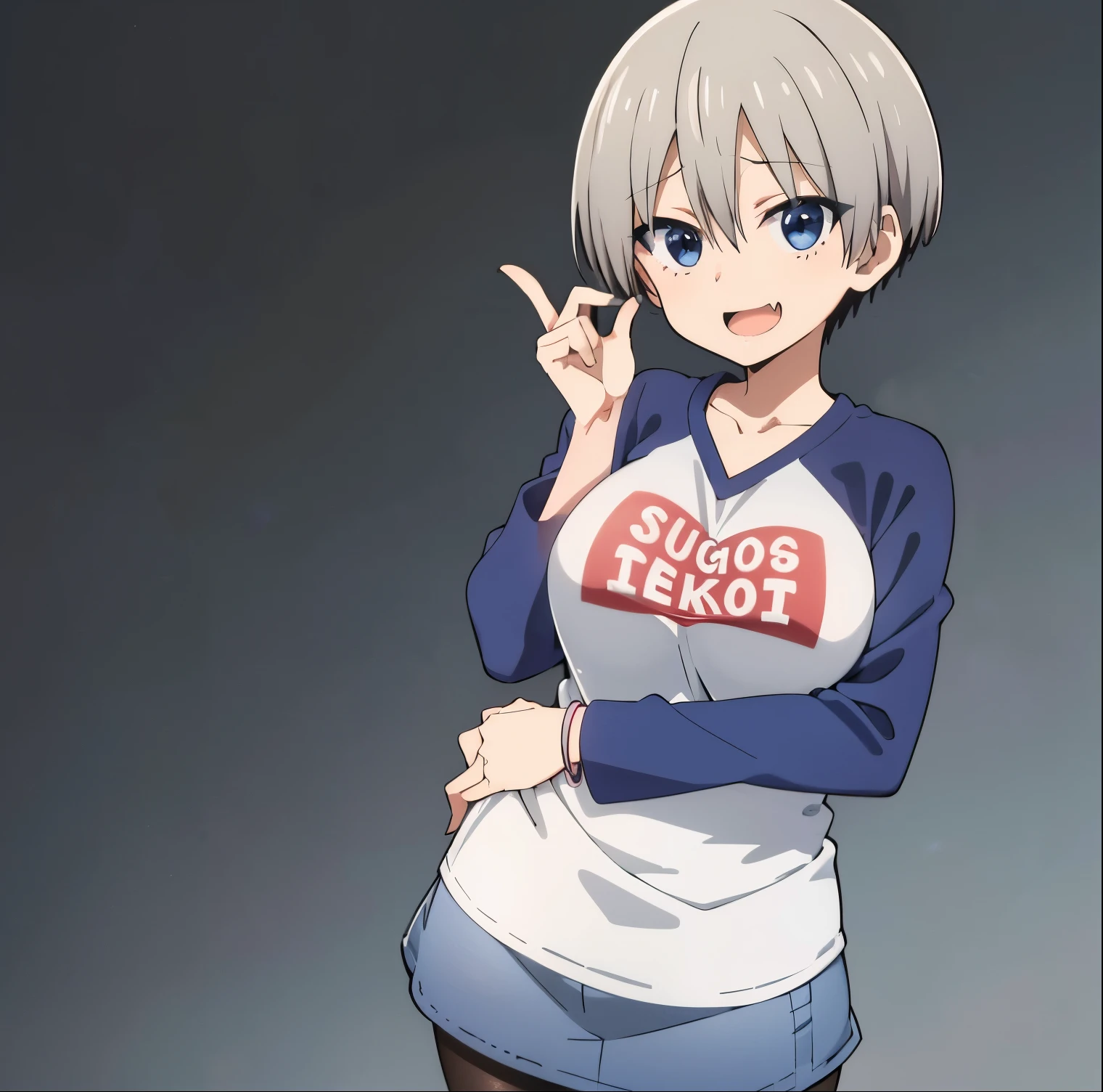 1girl, alone,uzaki hana,masterpiece, (ultra detailed:0.7), blue eyes, grey hair, short hair, fang out, white shirt, blue sleeves, raglan sleeves, long sleeves, clothes writing "sugoi dekai", sugoi dekai, romaji text , denim skirt, pencil skirt, blue skirt, miniskirt, black pantyhose, pink bracelet, large breasts, fingernails ,(smile:0.7), (cowboy shot:0.7), (white background:1.1), simple background, standing, straight-on, skinny, perfect hands, perfect anatomy
