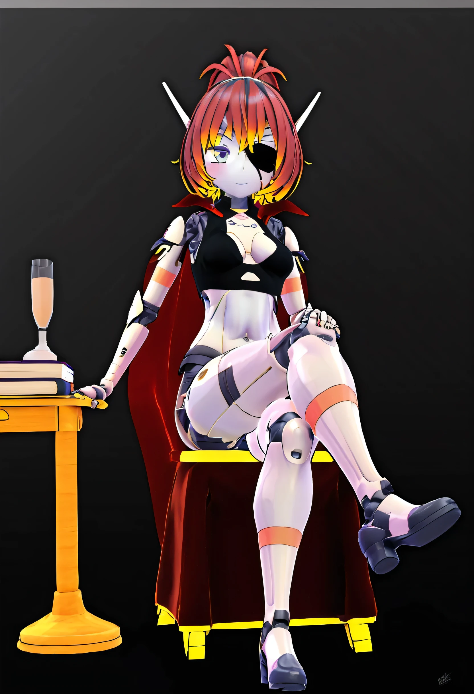 (8k, RAW photos, top quality, masterpiece: 1.2), (High Quality), ray tracing, HDR, (High Details), (Face detail), (Shadow Detail), Runa/Luna, 3d, 3d render, Vrchat model, android, 1girl, solo, short hair, ponytail, red hair streaks, grey skin, robot, neutral expression, Pirate captain, eyepatch, cape, legs up on desk, crossed legs, leaning back in chair,