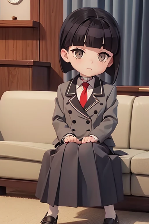 otome saotome, short hair, black hair, blunt bangs, brown eyes,
choker, school_uniforn, grey jacket, red necktie, long skirt, full body, sitting on sofa,