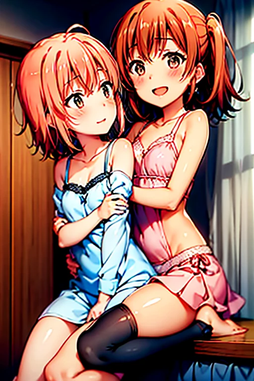 ((highest quality)), ((masterpiece)), (be familiar with), Perfect Face, indoor, Bedroom, Watching the audience,
One woman, Yuigahama Yui,
Open Mouth, Ecstatic expression, blush, smile,
Small breasts, Flat Chest, Young Girl, , , Girl,
Short Hair, Salmon-colored hair, Salmon-colored eyes, Side Pony,
Leg spread,