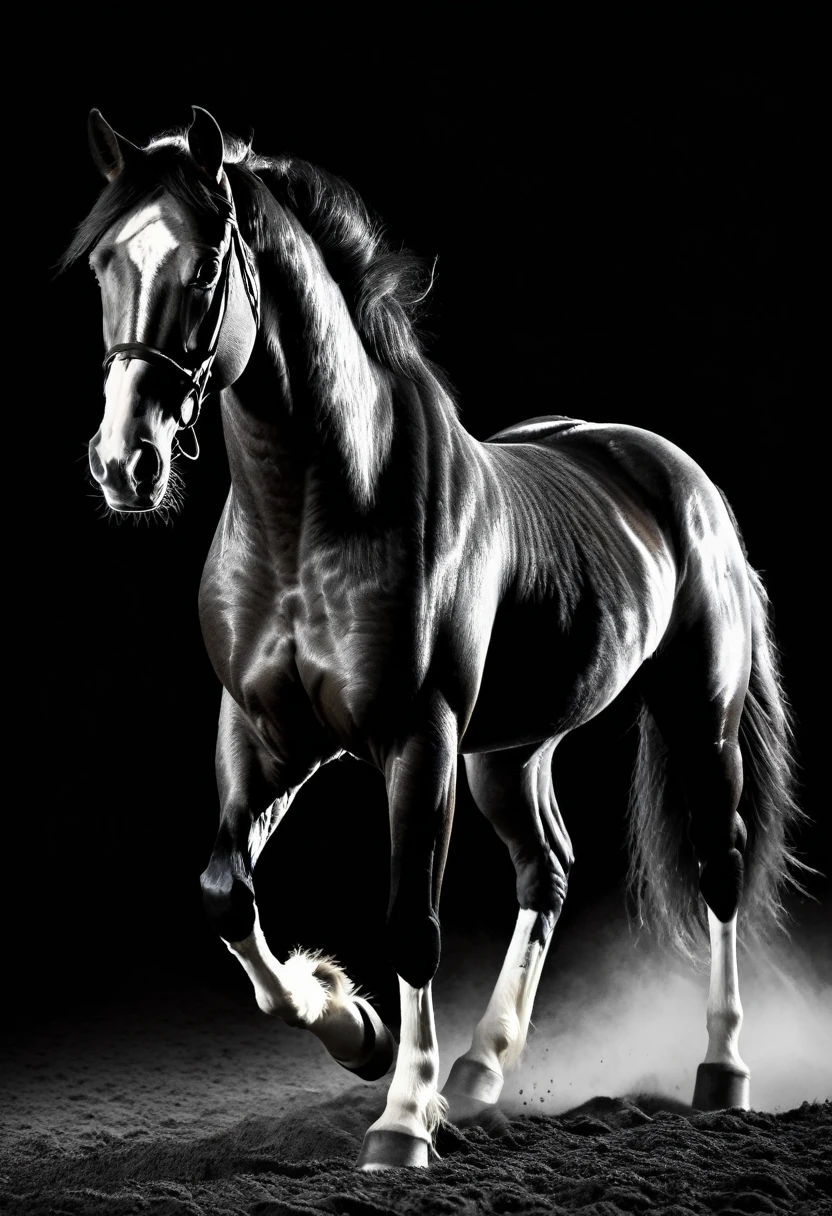 ((fotografia en blanco y negro:1.6)),(best quality,4k,8k,highres,masterpiece:1.2),ultra-detailed,(realistic,photorealistic,photo-realistic:1.37),dramatic lighting,elegant strong horse,vibrant colors,dynamic composition,impressive stance,striking shadows,horse on hind legs,ethereal atmosphere,motion blur on background,horse mane flowing,graceful movement,fantasy theme,heroic, majestuoso,Powerful,powerful.,dusty ground,kick-up dust particles,vivid,Amazing details,extremely detailed muscles and fur,idealized physique of the horse,regal expression,prancing horse,athletic form.