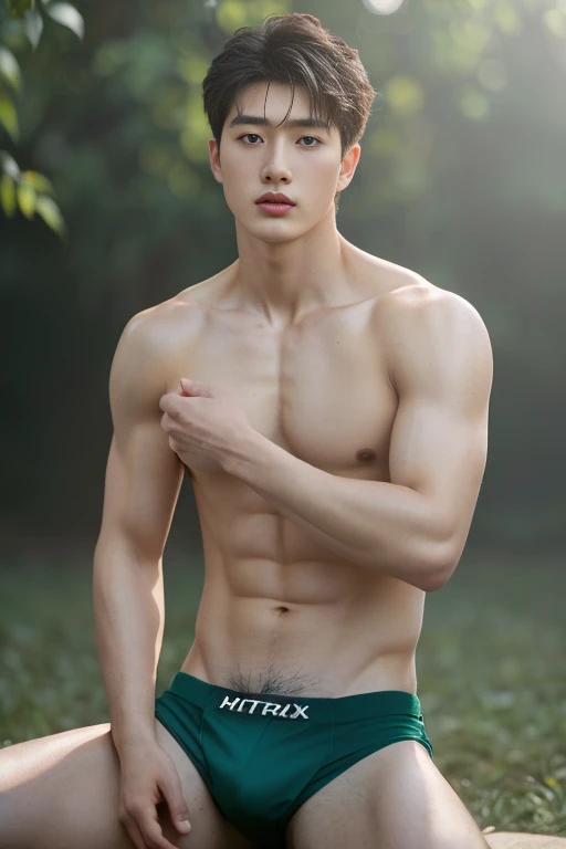 1 Man, ((male model )) healthy skin, masterpiece, best quality, most handsome man in the world, by Kim Soo-hyun, prefect body, beautiful male model, an attractive man 18-24 years old aesthetic, at spring flower booming, green fields, spring, plains, trees, flower, blue sky, ruggedly handsome young man wearing a sexy bikini thong, mascular, lifted arms, spread legs, pubes, sitting, shirtless, ((smooth body)), super cute, dynamic pose, cool and seductive, dramatic lighting, full body shot,  youthful face, full body, body without hair, tall, fit body, dominant, Caucasian or white skin, youthful face, firm body, high definition, natural flesh tones, soft light, highly detailed, looking at viewer, photography, detailed skin, real person, realistic, photo-realistic, insanely detailed, face detail, hype maximalist, hype hyperrealism, cinematic, telephoto, lighting intricate details, highly detailed, digital painting, artstation, concept art, smooth, sharp focus, illustration, Unreal Engine 5, 8K, art by Ross Tran and greg rutkowski and alphonse Mucha, UHD, 8k, show only male.8k uhd, dslr, dim lighting, high quality, film grain, Fujifilm XT3, male only fan, pair model.