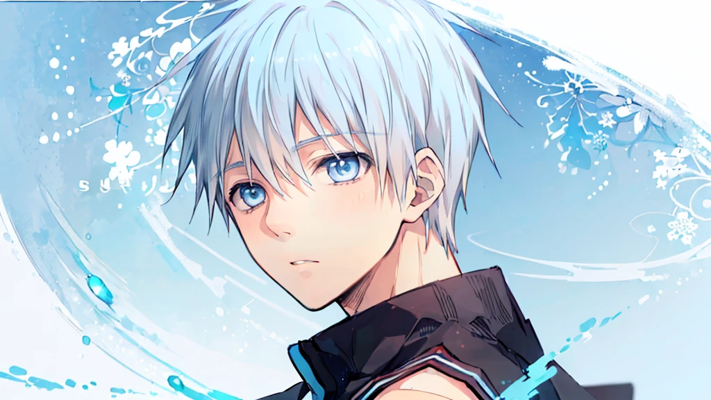 ((highest quality, super detailed,detailed eyes:1.3)),(((total 1 boy:1.2))),cool face,light blue hair,short,hair,light blue eyes,kuroko tetsuya,(black and White basketball uniform:1.2),(aqua blue aura background:1.1),(from side,portrait,face focus,looking at viewer:1.1)