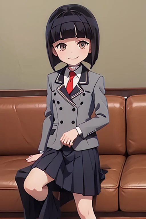 otome saotome, short hair, black hair, blunt bangs, brown eyes,
choker, school_uniforn, grey jacket, red necktie, long skirt, full body, sitting on sofa, pencil in mouth , smiling 