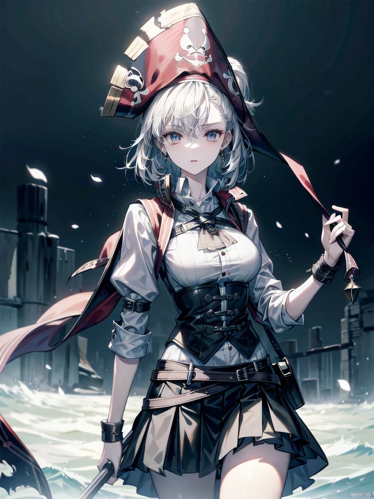(Practical pirate clothing), Long-sleeved pirate top, Skirt, torn pirate hat, absurdres, RAW photo, extremely delicate and beautiful, masterpiece, Best Quality, ultra high resolution, 32k, hyperrealistic, ultra-detailed, detailed description, pale skin, 20 years old, tearful mole, earring, big tits, short medium hair, wavy hair, whole body shot,