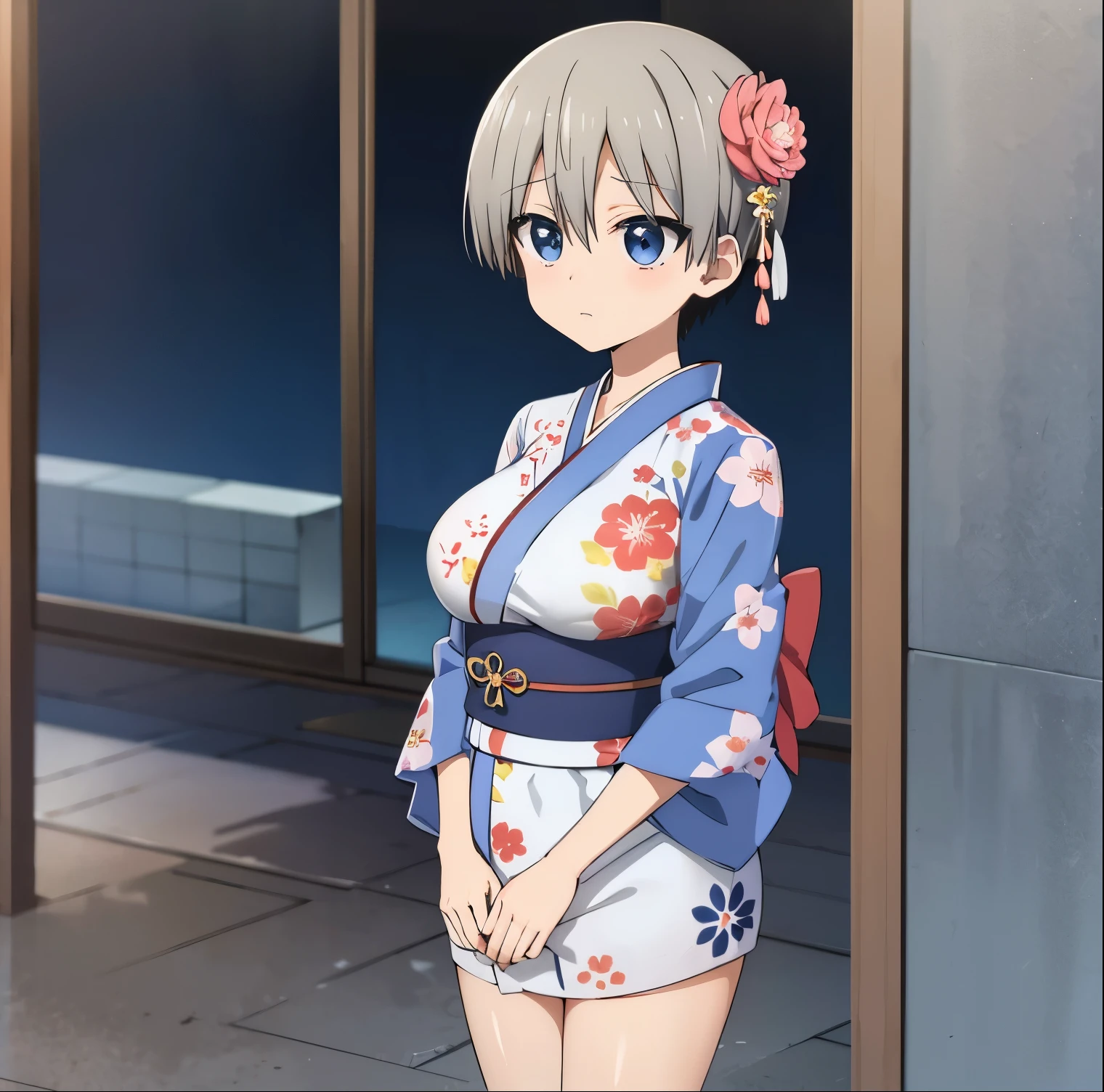 1girl,alone, uzaki hana,bangs, blue eyes, short hair, grey hair, japanese clothes, kimono, breasts, flower, hair ornament, large breasts, hair flower, looking at viewer, floral print, hair between eyes, fullbody, sash, closed mouth, white kimono, obi, night, print kimono, long sleeves, perfect hands  , perfect anatomy 