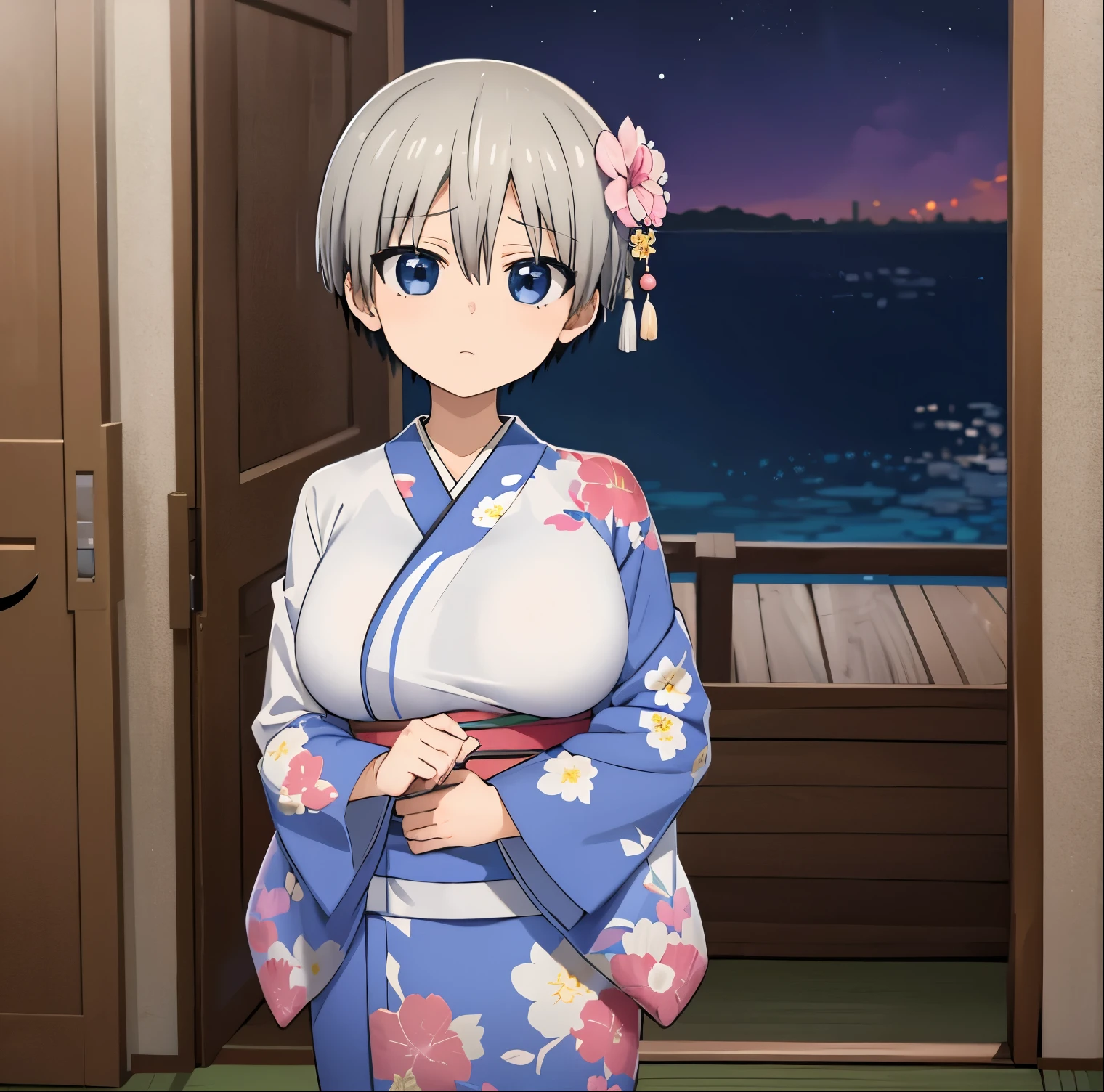 1girl,alone, uzaki hana,bangs, blue eyes, short hair, grey hair, japanese clothes, kimono, breasts, flower, hair ornament, large breasts, hair flower, looking at viewer, floral print, hair between eyes, fullbody, sash, closed mouth, white kimono, obi, night, print kimono, long sleeves, perfect hands  , perfect anatomy 