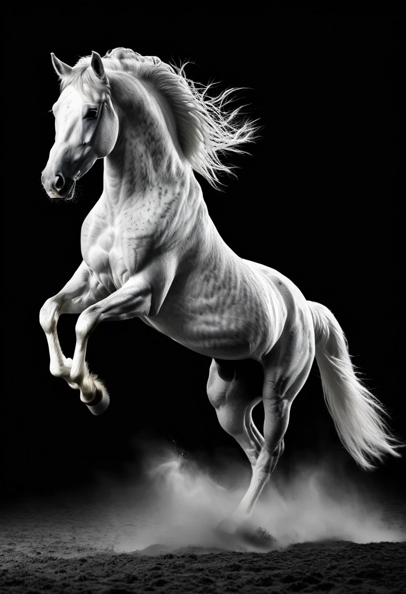 ((fotografia en blanco y negro:1.6)),(best quality,4k,8k,highres,masterpiece:1.2),ultra-detailed,(realistic,photorealistic,photo-realistic:1.37),dramatic lighting,elegant strong horse,vibrant colors,dynamic composition,impressive stance,striking shadows,horse on hind legs,ethereal atmosphere,motion blur on background,horse mane flowing,graceful movement,fantasy theme,heroic, majestuoso,Powerful,powerful.,dusty ground,kick-up dust particles,vivid,Amazing details,extremely detailed muscles and fur,idealized physique of the horse,regal expression,prancing horse,athletic form.