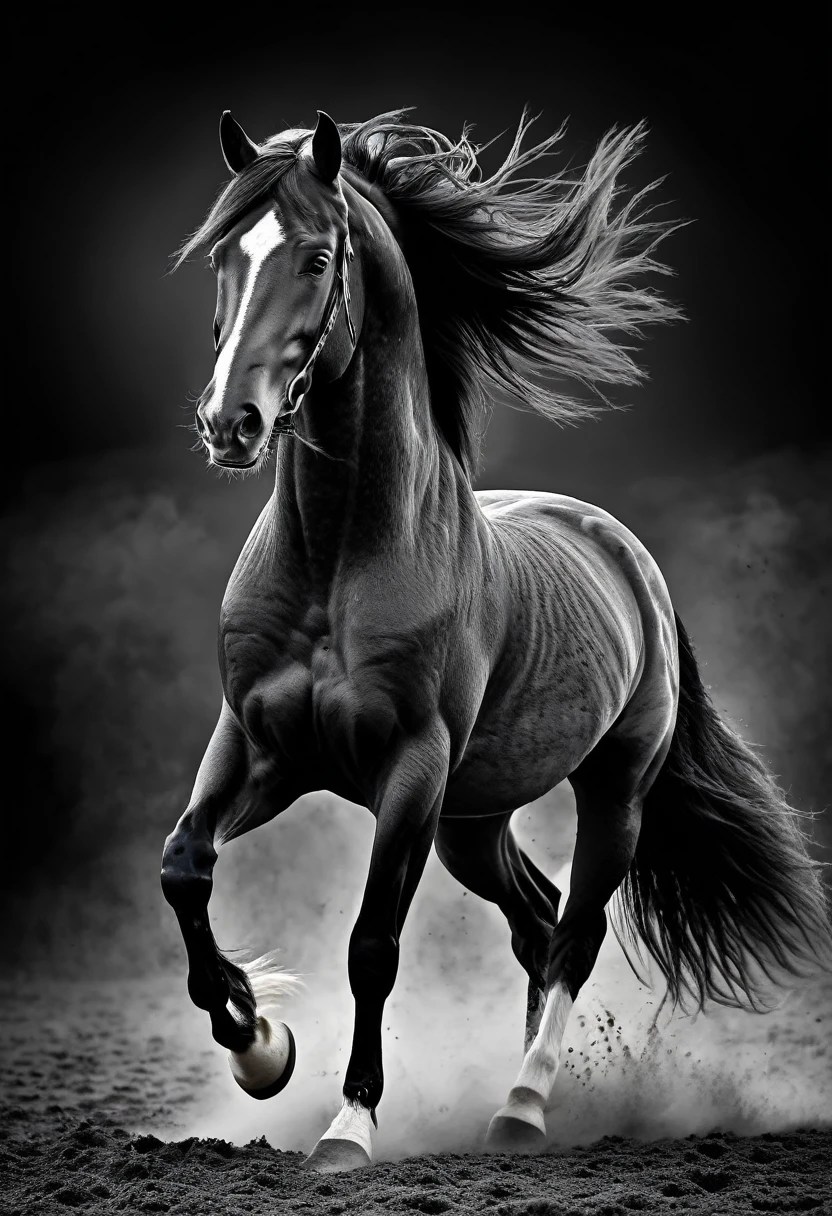 ((fotografia en blanco y negro:1.6)),(best quality,4k,8k,highres,masterpiece:1.2),ultra-detailed,(realistic,photorealistic,photo-realistic:1.37),dramatic lighting,elegant strong horse,vibrant colors,dynamic composition,impressive stance,striking shadows,horse on hind legs,ethereal atmosphere,motion blur on background,horse mane flowing,graceful movement,fantasy theme,heroic, majestuoso,Powerful,powerful.,dusty ground,kick-up dust particles,vivid,Amazing details,extremely detailed muscles and fur,idealized physique of the horse,regal expression,prancing horse,athletic form.