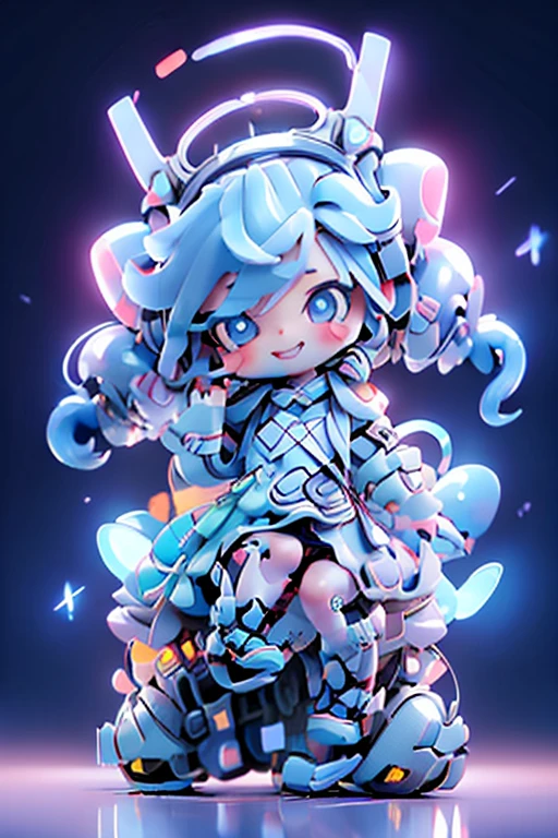 ((Little girl working in accelerator lab)), (masterpiece, best quality) ,White long twin tail hair chibi, Pixie Cut Chibi, Chibi in dress, Chibi sitting at computer, Chibi happy at work, Chibi smiling at work, Chibi looking at computer, Sitting in an office chair