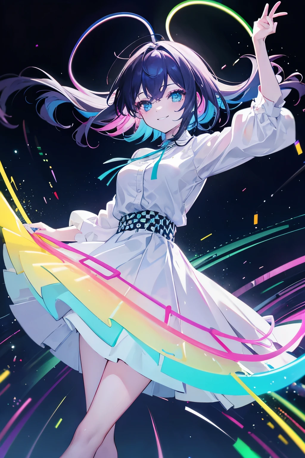 Glow sticks, choreographed dancing, in the dark, white shirt and colored checkered skirt, light trails, holding simple colored glow sticks with one in each hand, smile.