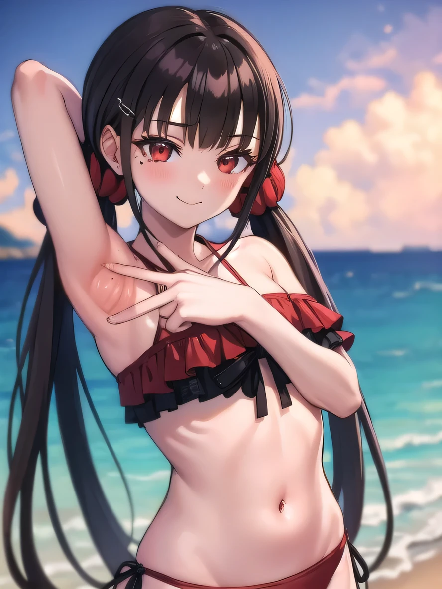 masterpiece, best quality, ultra-high-detailed, Harumaki, red eyes, brown hair, low twintails, red scrunchie, mole under eye, blunt bangs, hairclip, bikini, beach, closed mouth, solo, upper body, night sky, beach, arms behind head, contrapposto, spread armpits, looking at viewer, best quality, smile,