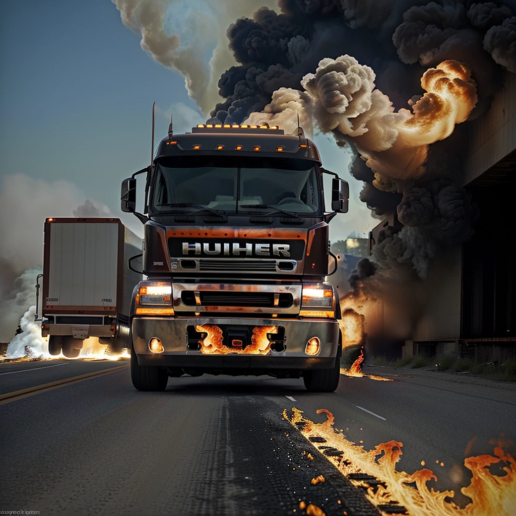 An 18-wheeler big truck, completely customized, driving through a wall of flames and smoke an awesome sight completely.
