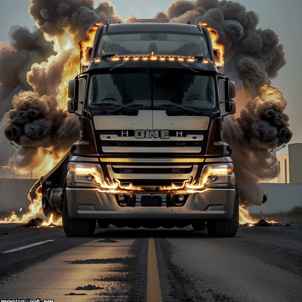 An 18-wheeler big truck, completely customized, driving through a wall of flames and smoke an awesome sight completely.