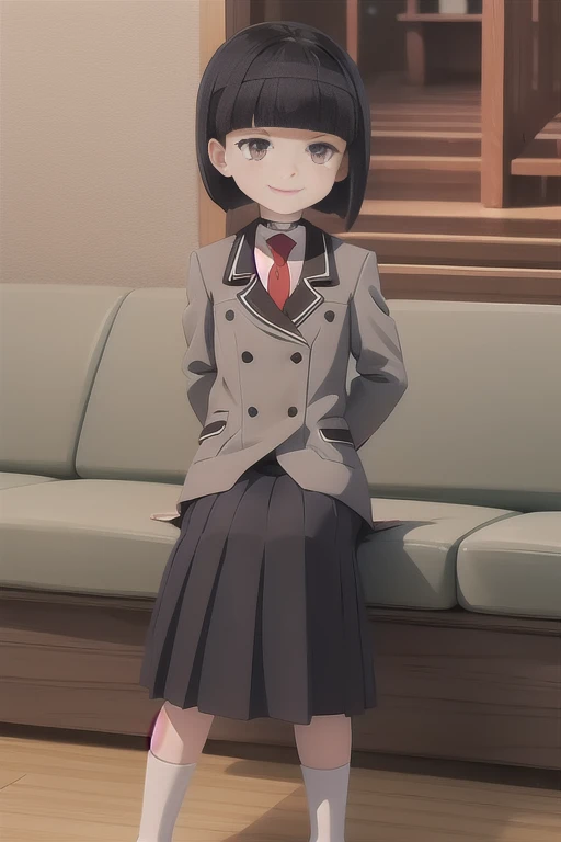 otome saotome, short hair, black hair, blunt bangs, brown eyes,
choker, school_uniforn, grey jacket, red necktie, long skirt, full body, sitting on sofa, pencil in mouth , smiling 