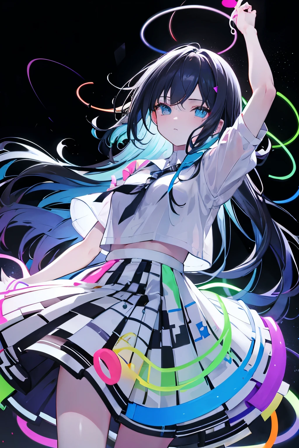 Glow sticks, choreographed dancing, in the dark, white shirt and colored checkered skirt, light trails, holding simple colored glow sticks with one in each hand.