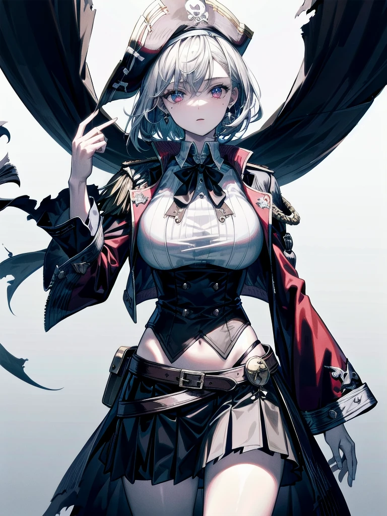 (Practical pirate clothing), Long-sleeved pirate top, Skirt, torn pirate hat, absurdres, RAW photo, extremely delicate and beautiful, masterpiece, Best Quality, ultra high resolution, 32k, hyperrealistic, ultra-detailed, detailed description, pale skin, 20 years old, tearful mole, earring, big tits, short medium hair, wavy hair, whole body shot,