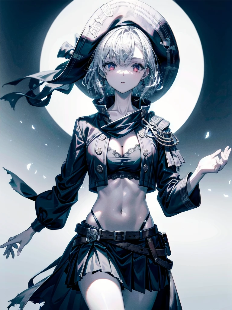 (Practical pirate clothing), Long-sleeved pirate top, Skirt, torn pirate hat, absurdres, RAW photo, extremely delicate and beautiful, masterpiece, Best Quality, ultra high resolution, 32k, hyperrealistic, ultra-detailed, detailed description, pale skin, 20 years old, tearful mole, earring, big tits, short medium hair, wavy hair, whole body shot,