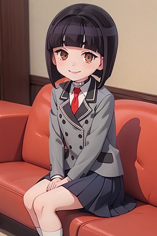 otome saotome, short hair, black hair, blunt bangs, brown eyes,
choker, school_uniforn, grey jacket, red necktie, long skirt, full body, sitting on sofa , smiling 