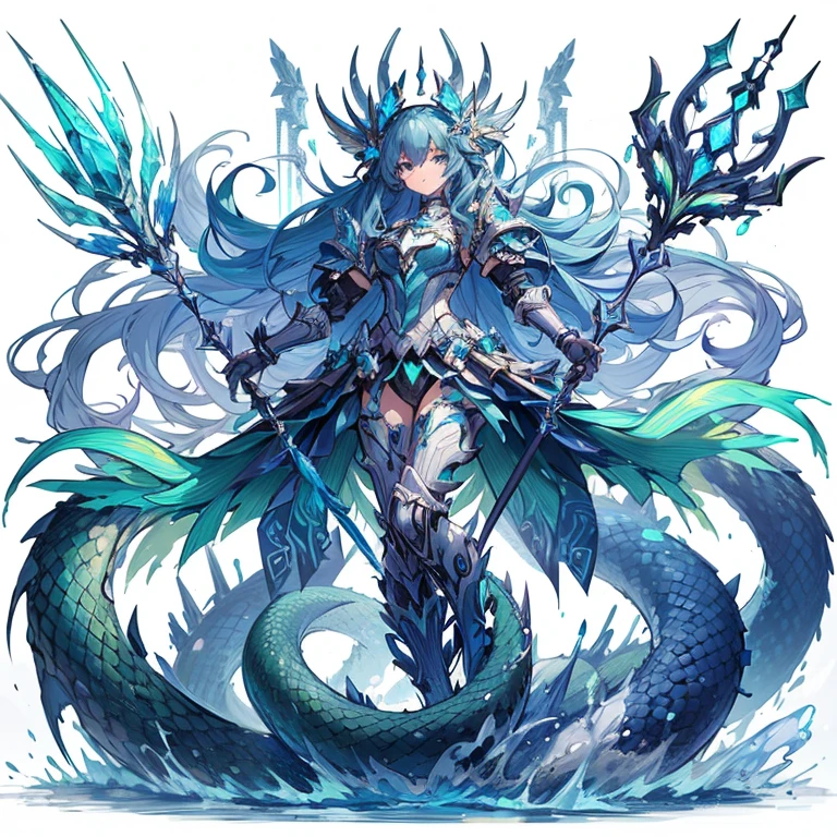Masterpiece, best quality, ultra-detailed, anime style, full body of space marine primarch girl, azure blue and green power armor, held Trident, giant, supernatural Water and prism shard, ((Decoration in the form of snake scales)), war hammer 40K, 8k high resolution, trending art station, white background, whole body, standing on creak.
