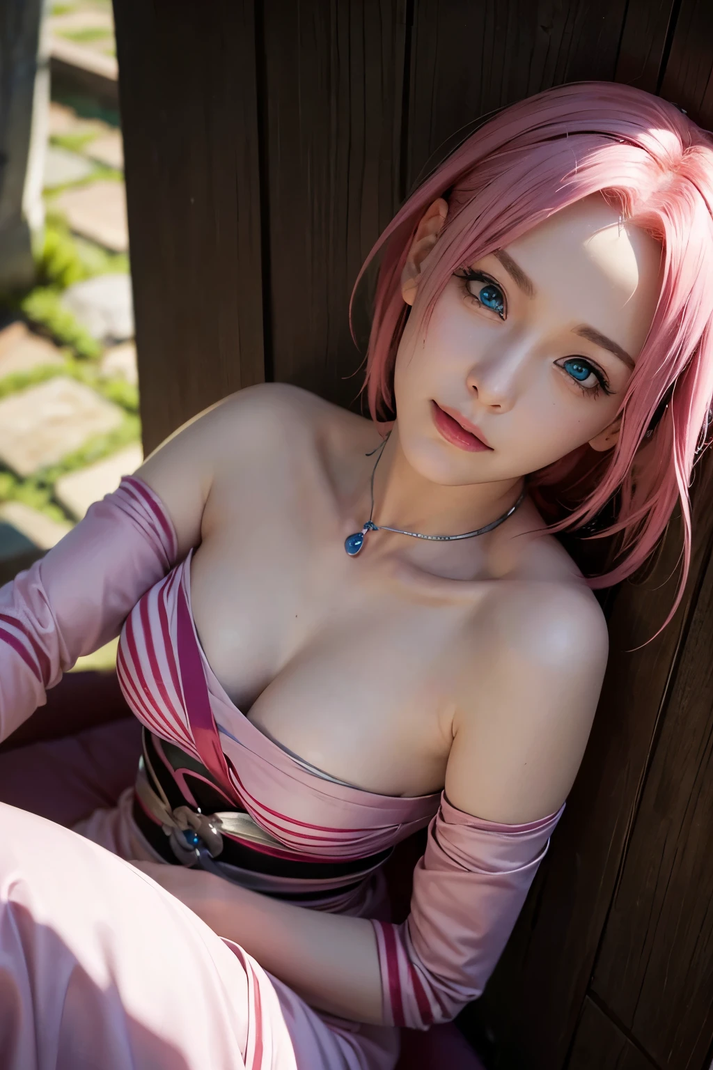 Sakura Haruno, Sakura Haruno, heroine of the anime Naruto, masterpiece, ultra-high resolution, ultra-high definition, sideways, look closer to the viewer, blue eyes, cleavage, tolerance, gentle smile