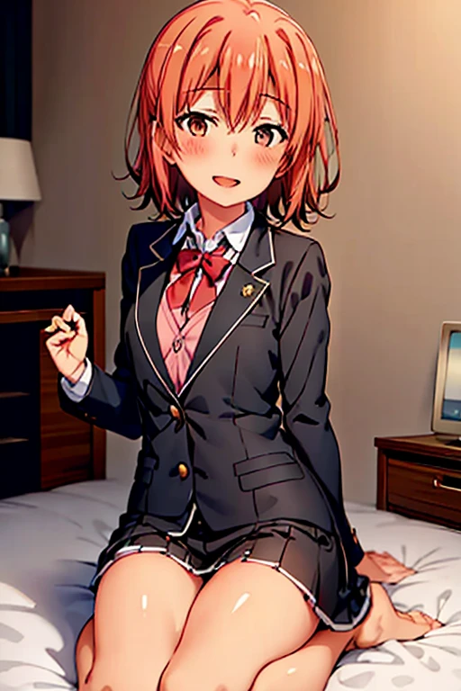 ((highest quality)), ((masterpiece)), (be familiar with), Perfect Face, indoor, Bedroom, Watching the audience,
One woman, Yuigahama Yui,
Open Mouth, Ecstatic expression, blush, smile,
Small breasts, Flat Chest, Young Girl, , , Girl,
Short Hair, Salmon-colored hair, Salmon-colored eyes, Side Pony,
Leg spread,