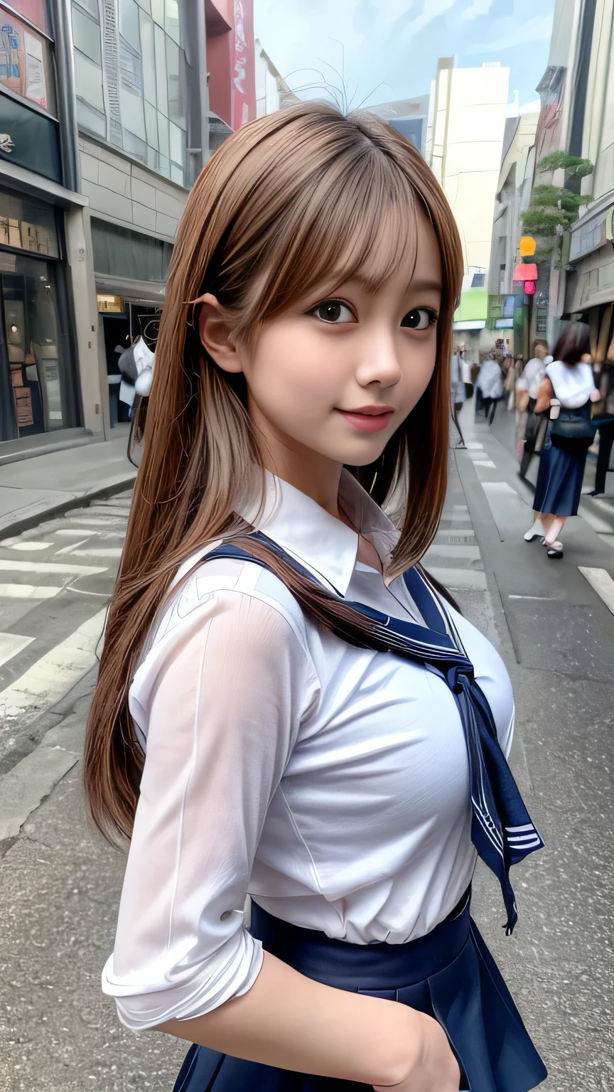 (8k, RAW Photos, highest quality, masterpiece:1.2), (Realistic, photo-Realistic:1.4), (Highly detailed 8k wallpaper), Sharp focus, Depth of written boundary, Boscinematic Lighting, Soft Light, Beautiful fine details,shiny smooth light brown Long Bob Hair, Asymmetrical bangs, Shiny skin, High resolution, Attention to detail, Detailed hairstyle, Detailed face, hyper Realistic, Perfect limbs, Perfect Anatomy ,1 Japanese girl,Famous Japanese Idols, Perfect female body, Large Breasts,smile,short eyelashes,double eyelid,Long Bob Hair, (Schoolgirl Uniform : 1.3), View your viewers, (Crowded street:1.3),Cowboy Shot