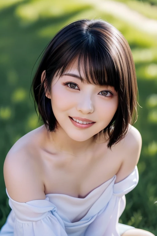 (highest quality:1.5)、(Realistic:1.5)、(1 person:1.5)、(Upper Body:1.5)、Very detailed、High resolution、8k wallpaper、、Small breasts、Natural color lips、Cute Smile、Japanese women、20-year-old girl、Beautiful and elegant face、Perfect and beautiful face、Big eyes、Brunette's eyes、Beautiful and elegant face、Natural double eyelids、Natural Bangs、Beautiful thin nose、Beautiful Skin、Chestnut Hair、Medium Bob Hair、short hair、Natural Bangs、Perfect and beautiful face、Slim face and figure、(Staring at the camera with a cute expression)、Bright lighting、Professional Lighting、Forward lighting、Cute Smile、Summer blue sky、Mountain Grass Park、Look at the viewers、Low angle composition、(Staring at the camera with a cute expression)、Bright lighting、Professional Lighting、Forward lighting、Cute Smile、Beautiful clavicle、Beautiful legs:1.2、Smooth skin、White floral dress、Off the shoulder、Sit on the grass、wariza, Place your hands between your legs、please sit down、Leaning forward、Shots from low angles、Sitting Girl、seiza、