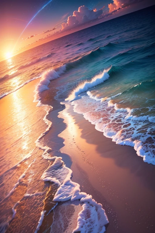 Hyper realistic 8k, ultra detailed, (Best Quality digital illustration Masterpiece of planet Earth in outer space), ((No Man)), (Beautiful planet Earth Illustration), (Beautiful Beach Shore), (Golden Sand), ((Waves in the distance)), (Bright Sun), (Hyperdetail, Dynamic Camera), (Wide Angle), (Celestial Lighting), (Vivid Colors and Saturation), (trending on artstation), ((beautiful sunset)), (aqua colored water),
