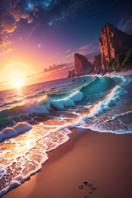Hyper realistic 8k, ultra detailed, (Best Quality digital illustration Masterpiece of planet Earth in outer space), ((No Man)), (Beautiful planet Earth Illustration), (Beautiful Beach Shore), (Golden Sand), ((Waves in the distance)), (Bright Sun), (Hyperdetail, Dynamic Camera), (Wide Angle), (Celestial Lighting), (Vivid Colors and Saturation), (trending on artstation), ((beautiful sunset)), (aqua colored water),
