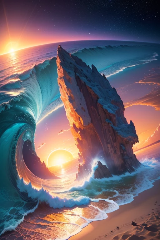 Hyper realistic 8k, ultra detailed, (Best Quality digital illustration Masterpiece of planet Earth in outer space), ((No Man)), (Beautiful planet Earth Illustration), (Beautiful Beach Shore), (Golden Sand), ((Waves in the distance)), (Bright Sun), (Hyperdetail, Dynamic Camera), (Wide Angle), (Celestial Lighting), (Vivid Colors and Saturation), (trending on artstation), ((beautiful sunset)), (aqua colored water),