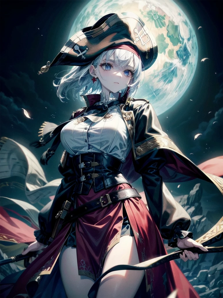 (Practical pirate clothing), Long-sleeved pirate top, Skirt, torn pirate hat, absurdres, RAW photo, extremely delicate and beautiful, masterpiece, Best Quality, ultra high resolution, 32k, hyperrealistic, ultra-detailed, detailed description, pale skin, 20 years old, tearful mole, earring, big tits, short medium hair, wavy hair, whole body shot,