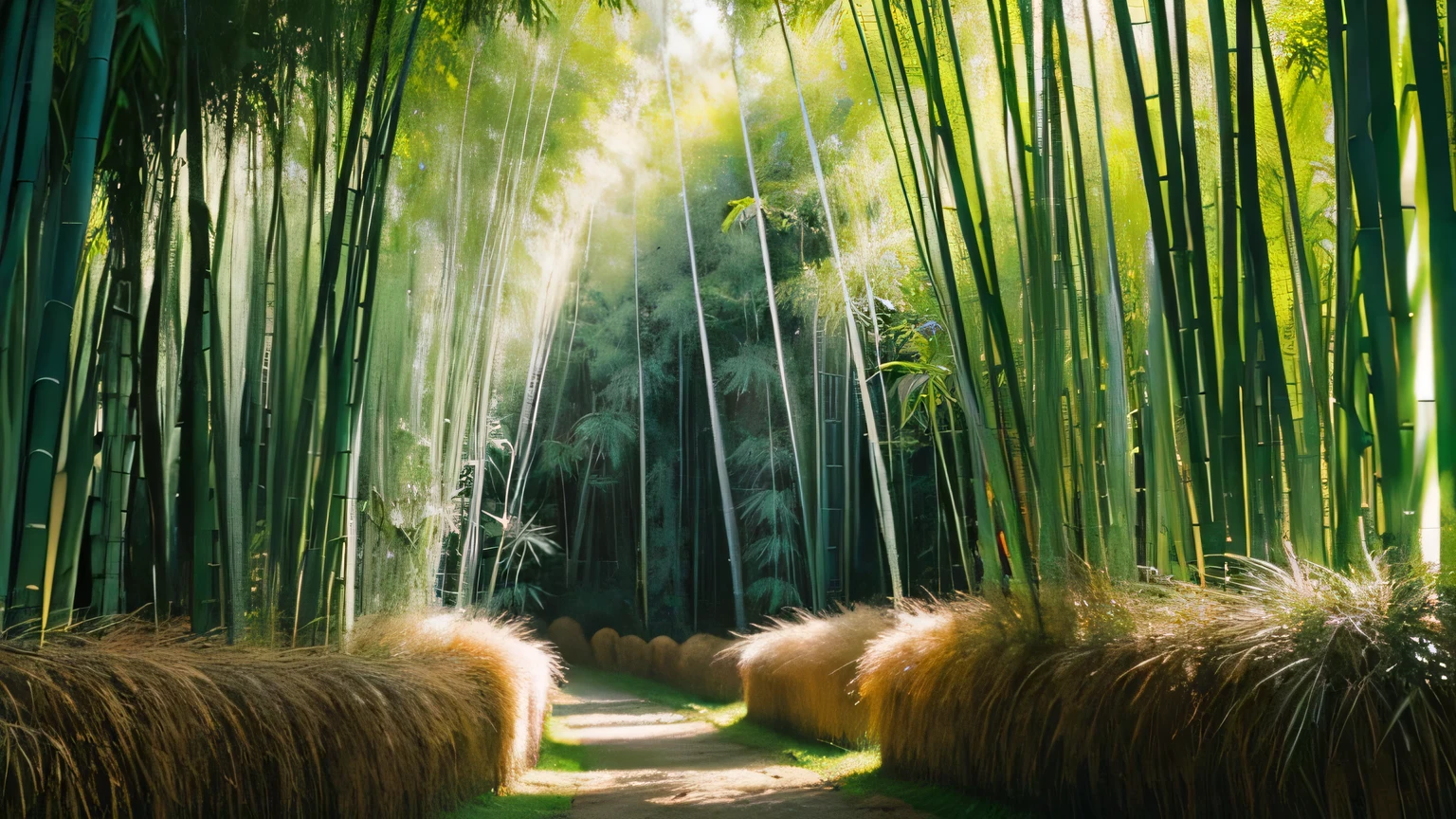 Bamboo forest on the land, tall and straight, covered with bamboo leaves, hard to reach, light green, fine texture on the bamboo tips on the stems, long dark green leaves, clear focus, intricate, extremely detailed, whole bamboo, whole bamboo, real photography , artistic, surreal, beautiful, full color, glowing, epic, highly enhanced, complex