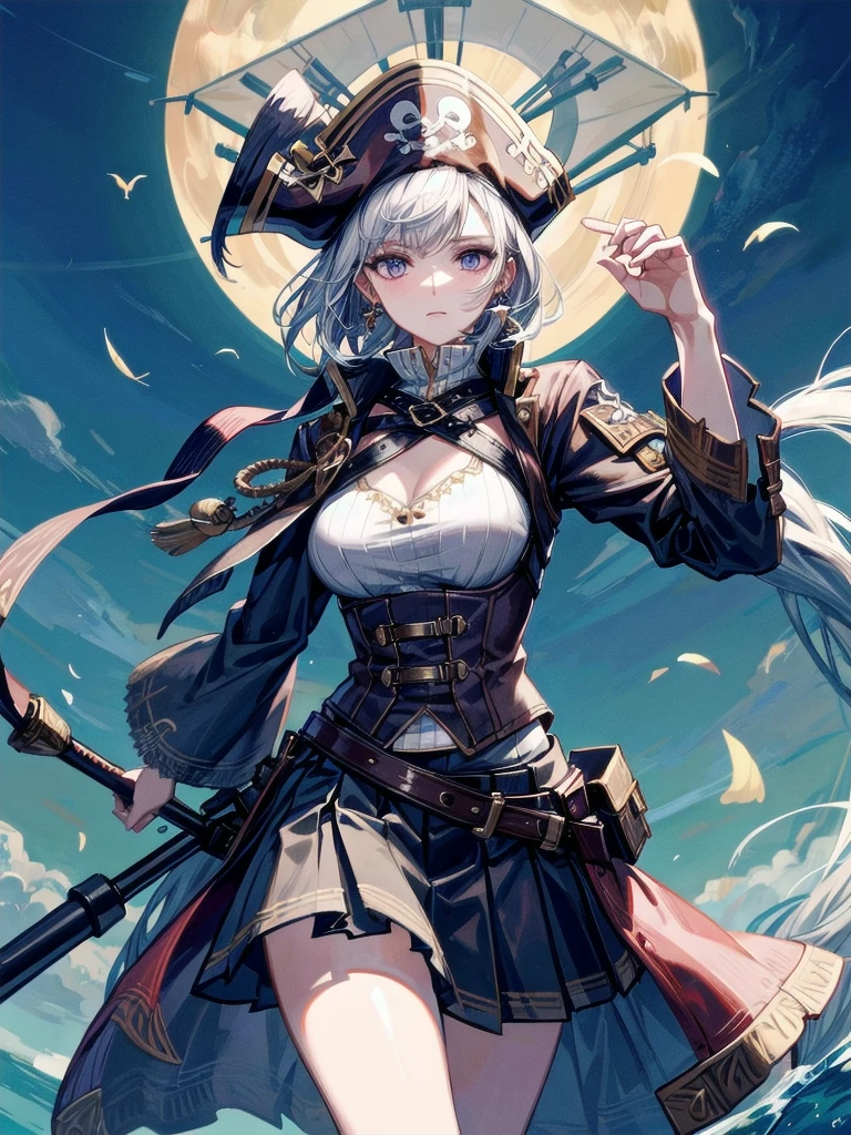 (Practical pirate clothing), Long-sleeved pirate top, Skirt, torn pirate hat, absurdres, RAW photo, extremely delicate and beautiful, masterpiece, Best Quality, ultra high resolution, 32k, hyperrealistic, ultra-detailed, detailed description, pale skin, 20 years old, tearful mole, earring, big tits, short medium hair, wavy hair, whole body shot,