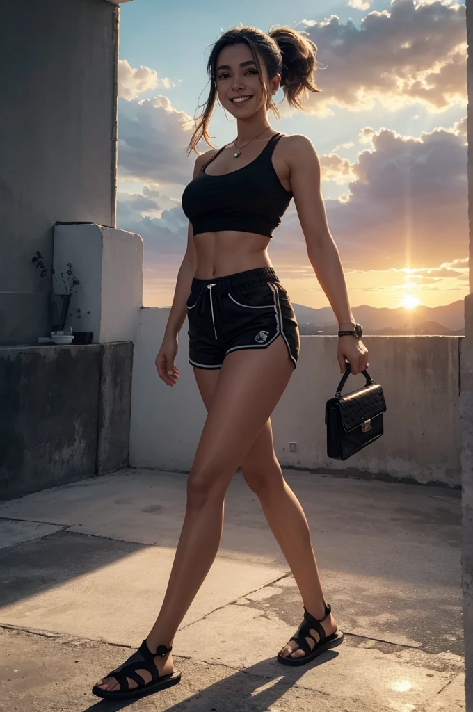 25 years old beatifull caucasian colombian woman wearing white crop top and black shorts, smiling, master piece, filmic, ambient oclusion, dinamic lighting, volumetric lighting, by greg rutkowski, detailed, intricately detailed, sunset, happy, warm colors, watercolor, sunny ,sunshine rays, pony tail, (((full body))), detailed face, beautifull