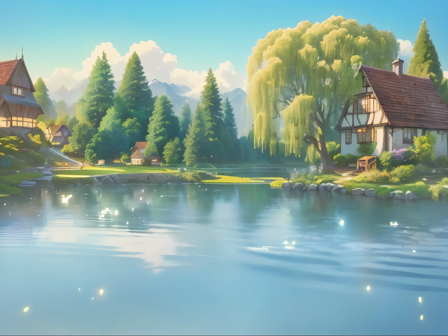 A painting with a small lake、A house and a tree, background technologywork, Fairy tale style background, anime rural scenery, Beautiful fairy tale, Stylized as 3D rendering, background technology, Animation stills, Whimsical fantasy landscape art, Realistic establishing shots, Fantasy painting,Lovely, Detailed scenery —width 672, 3D rendering style, Official illustrations