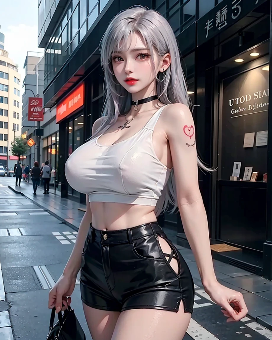 Beautiful female college student in the city,masterpiece,light makeup,Red Lip,Silver Hair,Disheveled long hair,Street Background,Grace,grace。Ultra-fine detailasterpieces,Authentic texture,Realism in film lighting,Perfect piece,8k,KHD,Delicate facial features,Sports Bra,Slim figure,Big bright eyes,Smooth skin,ear discharge,Choker Necklace,(((He has many tattoos all over his body)), (((Tight waist))), ((Big Breasts)),((See-through)),panties,Berry Shorts